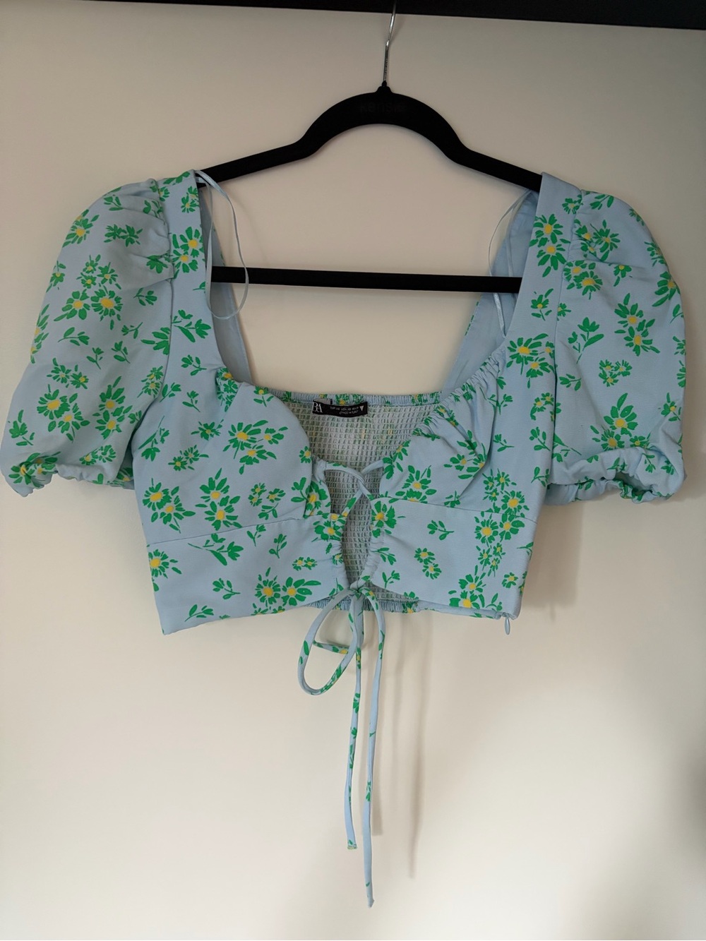 Zara Blue Floral Lace-Up Puff Sleeve Crop Top